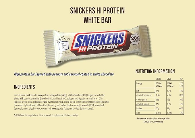 Snickers White Chocolate Protein Bars (12 x 57g), High Protein Energy Snack with Caramel, Peanuts and White Chocolate, 20g Protein
