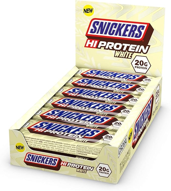 Snickers White Chocolate Protein Bars (12 x 57g), High Protein Energy Snack with Caramel, Peanuts and White Chocolate, 20g Protein